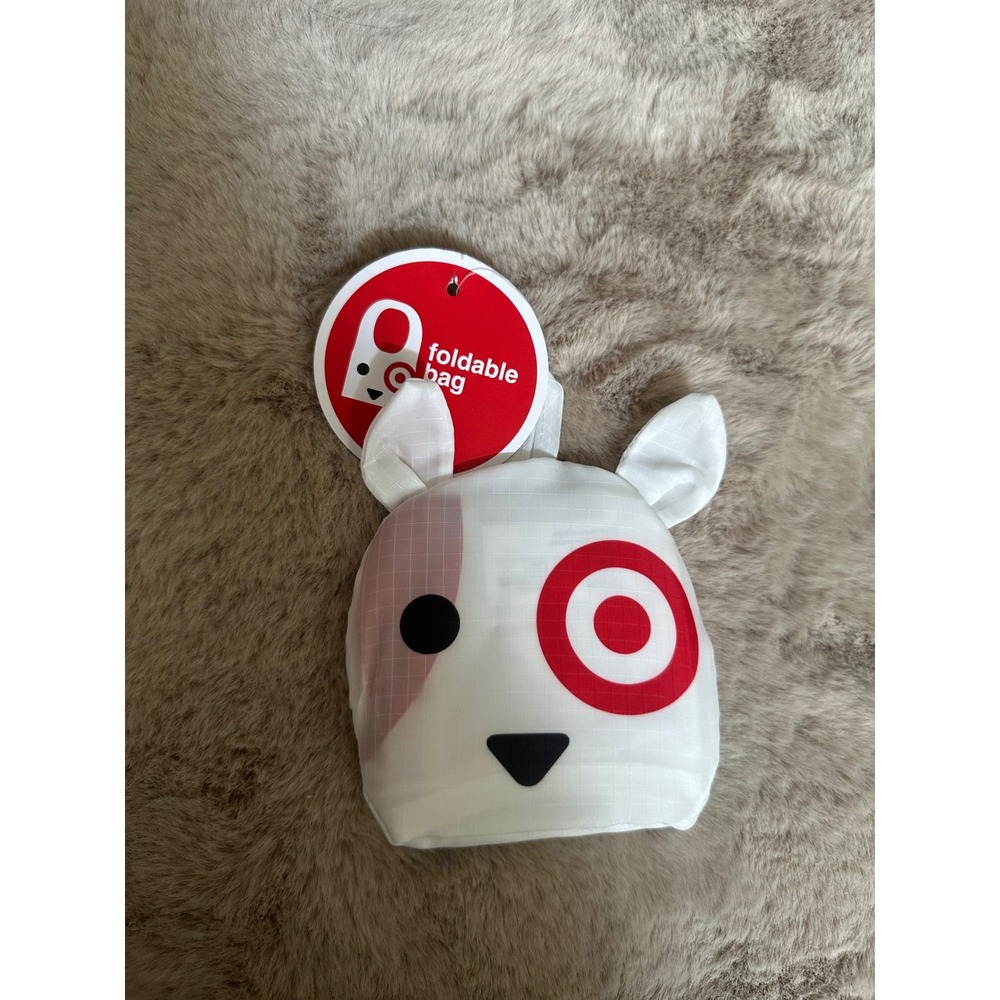 Target Bullseye Dog Mascot Foldable Reusable Shopping Bag White Red Pouch NWT